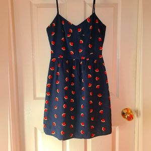 J Crew Navy Blue with Bright Red & Green Watermelon Slices Print Dress